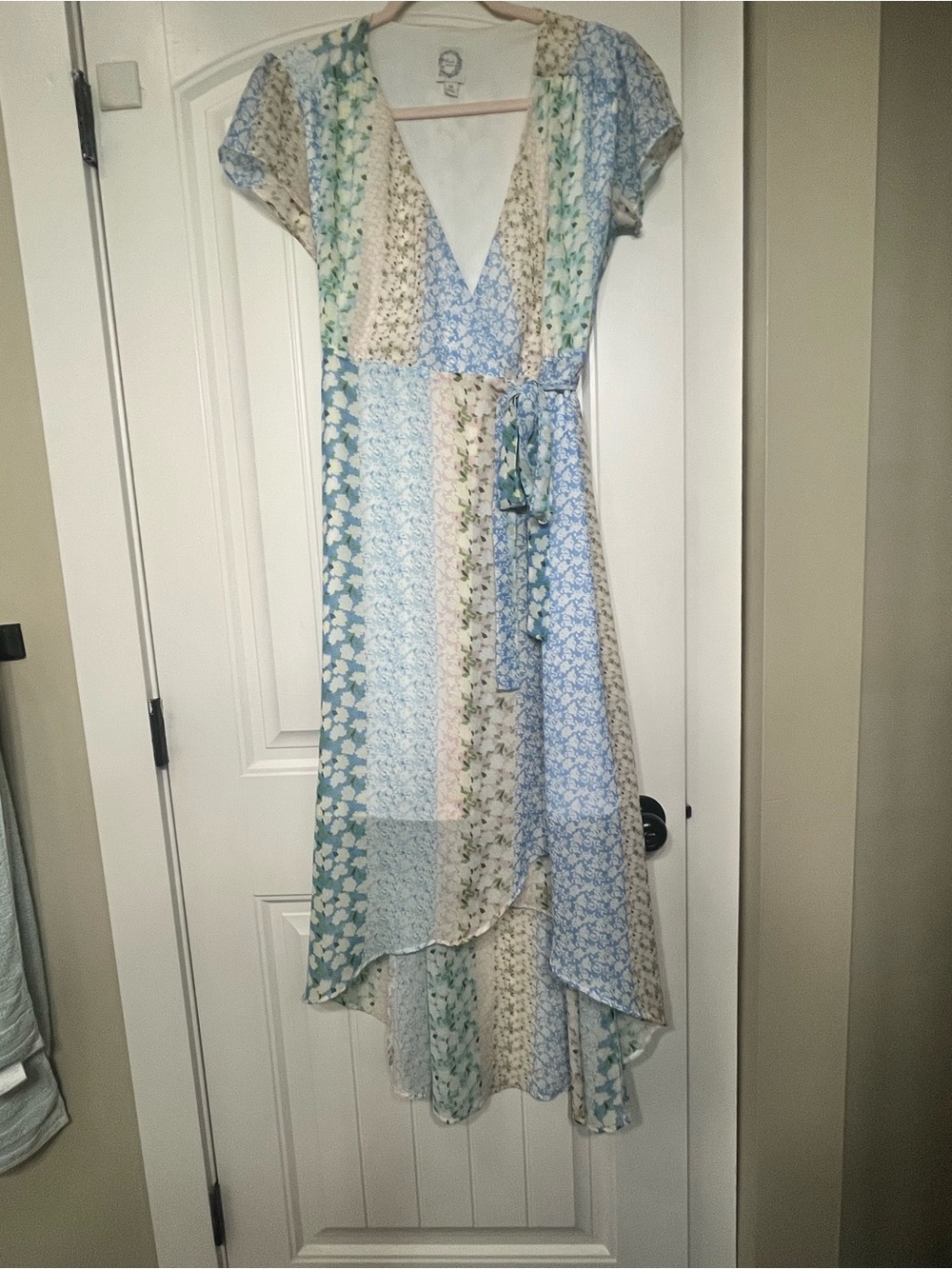 Blue Floral Wrap Dress in Pastel Blue and Cream